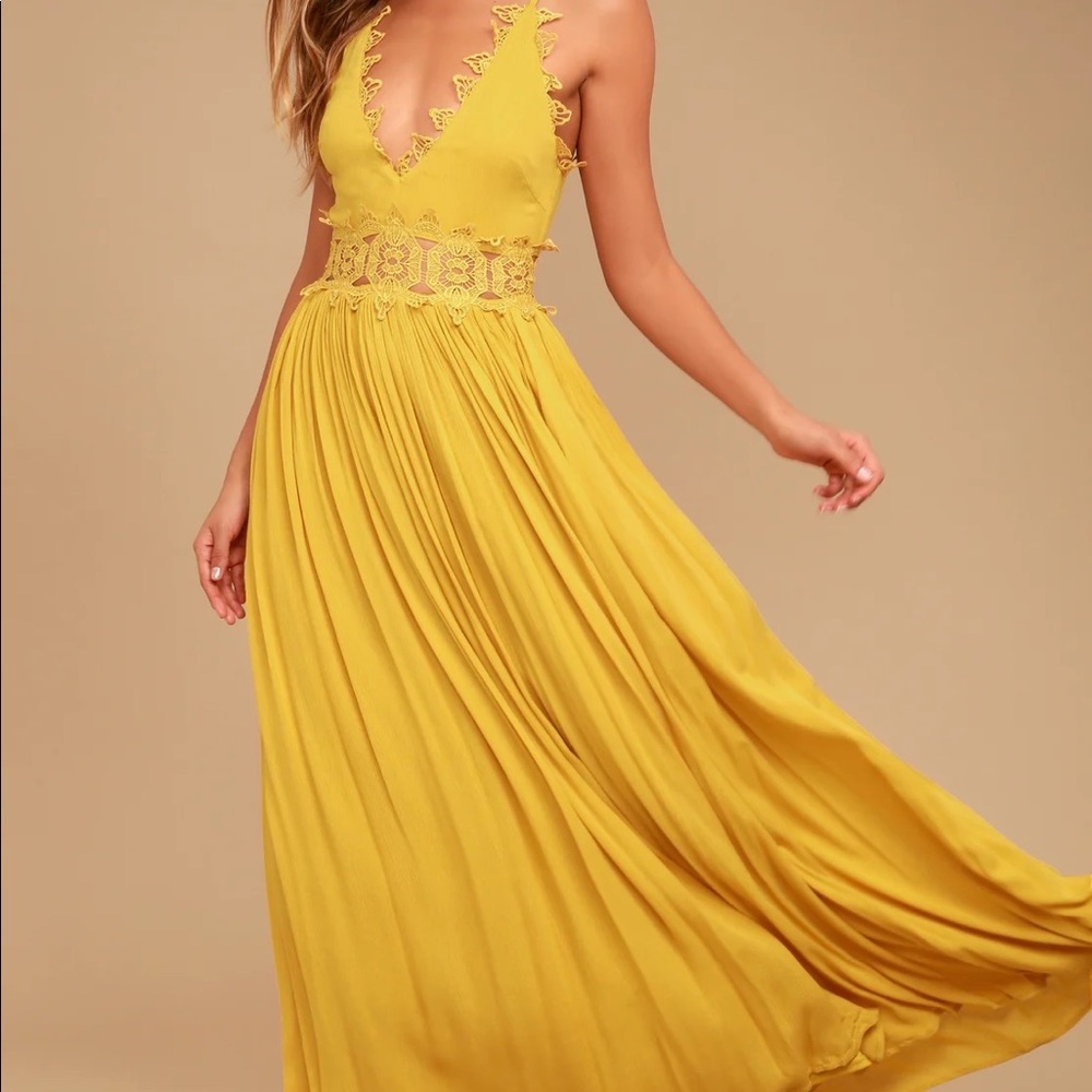 Lulu's Sunlit Yellow Lace-Trim Maxi Dress
